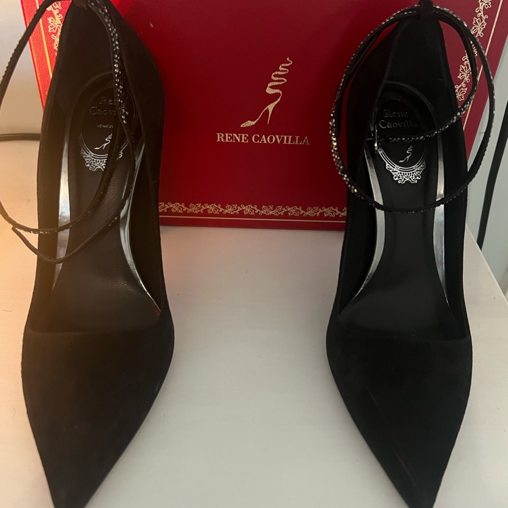 Gorgeous Rene Caovilla black shiny strappy  ankle heels.